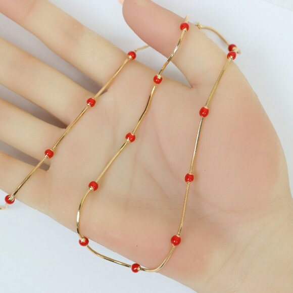 "Rose Gold Necklace with Red Beads Elegant Accent Chain, XPNL0134 - Picture 3 of 12